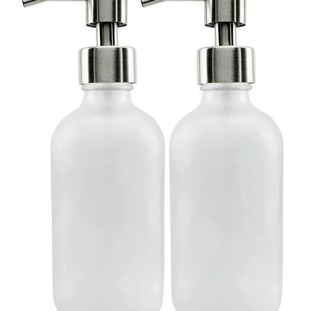 Cornucopia Brands Frosted Glass Soap Dispenser w/Stainless Steel Pumps (White Frosted, 8-Ounce, 2-Pack); Boston Round Bottles w/Lotion Pump Tops and Caps