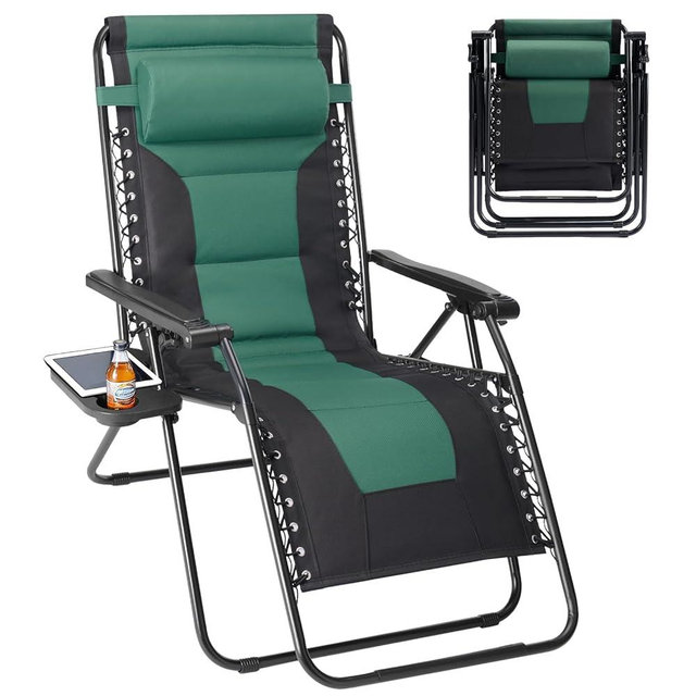 Sweetcrispy Zero Gravity Chairs, Foldable Patio Reclining Chairs with Adjustable Pillow & Cup Holder, Oversized Portable Support 400 lbs, for Backyard Camping(Black-Green)