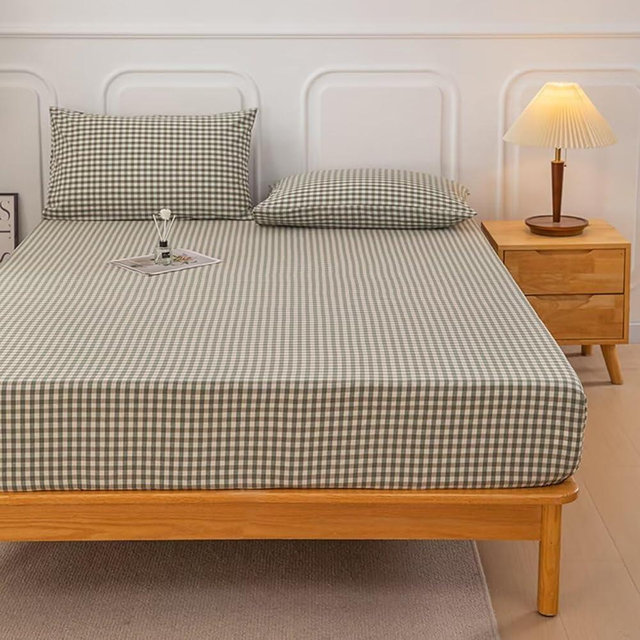 Mucalis Green Gingham Fitted Sheet Queen Only Deep Pocket 16 Inch 100% Washed Cotton Tan White Plaid Checkered Bottom Sheet,Soft,Breathable,Easy Care