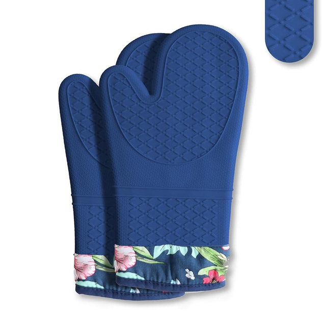 HOMETYGER Pair of 2 Heat-Resistant Silicone Oven Mitts – Extra Long, Non-Slip Grip, Soft Cotton Lining, Perfect for Baking, Cooking & BBQ – 13” x 7” Kitchen Gloves (Blue Flora)