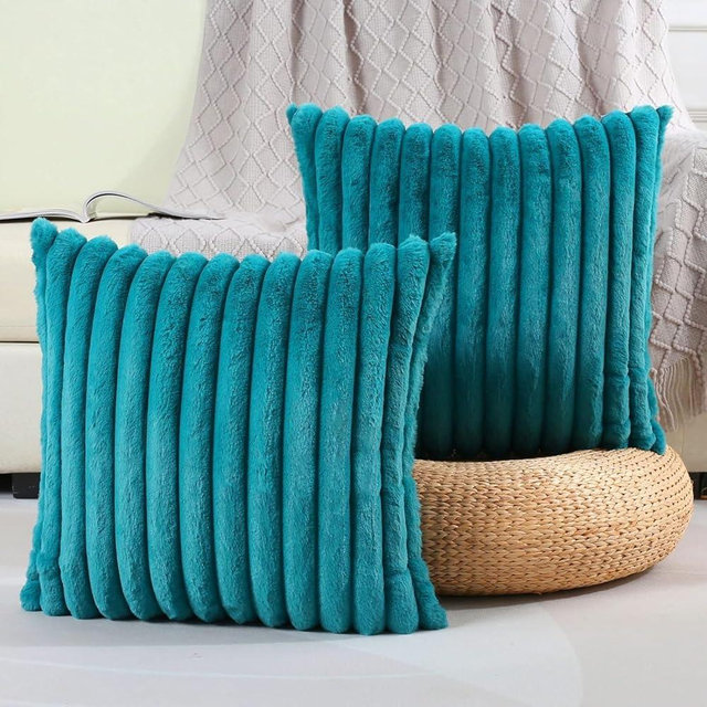 FUTEI Teal Green Striped Decorative Throw Pillow Covers 18x18 Inch Set of 2,Square Spring Decorations Couch Pillow Case,Soft Cozy Faux Rabbit Fur & Velvet Back,Modern Home Decor for Bed