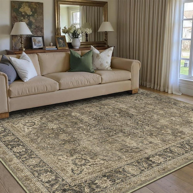 WondRg 6x9 Washable Area Rug Brown Vintage Non Slip Soft Low Pile Rug for Living Room Bedroom Dining Room Office Distressed Oriental Indoor Throw Carpet for Home Decor