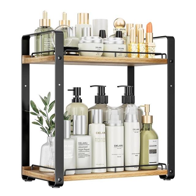Delamu 2-Tier Bathroom Counter Organizer, Wood Vanity Organizer Countertop for Skincare & Makeup, Multi-Purpose Vanity Bathroom Shelf for Coffee Station Kitchen Storage and Organization