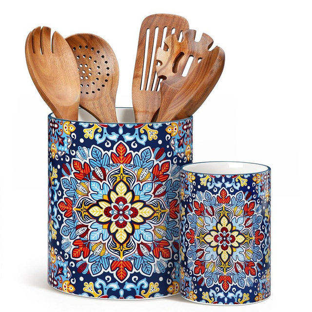 vancasso SIMI Utensil Holder, 7.3"+5.5" Porcelain Kitchen Utensil Holder for Countertop, Bohemian Kitchen Utensil Organizer for Spatulas, Spoons, Decorative Counter Utensil Crock, Twilight Bloom