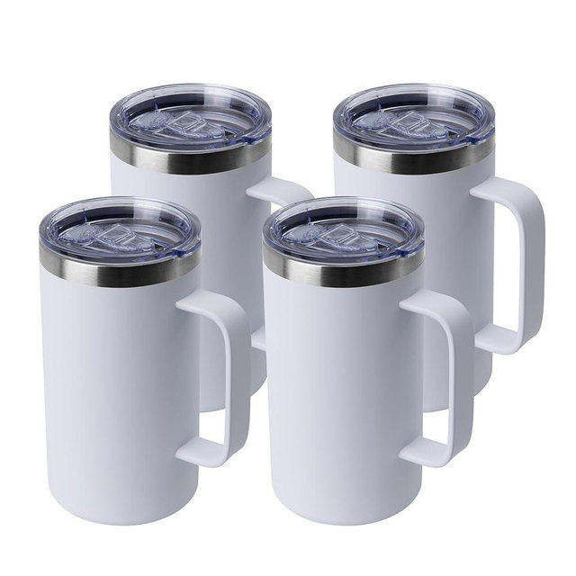 DOMICARE 24oz Mug with Handle and Lid, Stainless Steel Coffee Mug, Travel Mug with Handle, Double Wall Vacuum Coffee Tumbler, Reusable Insulated Cup, White, Pack 4