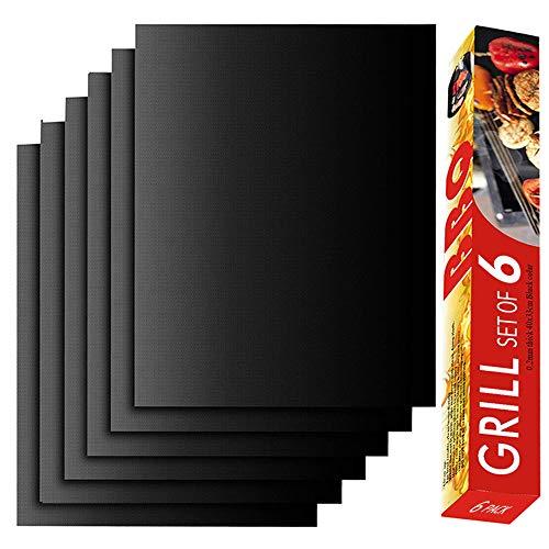 RENOOK Grill Mat Set of 6 - 100% Non-Stick BBQ Grill Mats, Heavy Duty, Reusable, and Easy to Clean - Works on Electric Grill Gas Charcoal BBQ  - 15.75 x 13-Inch, Black