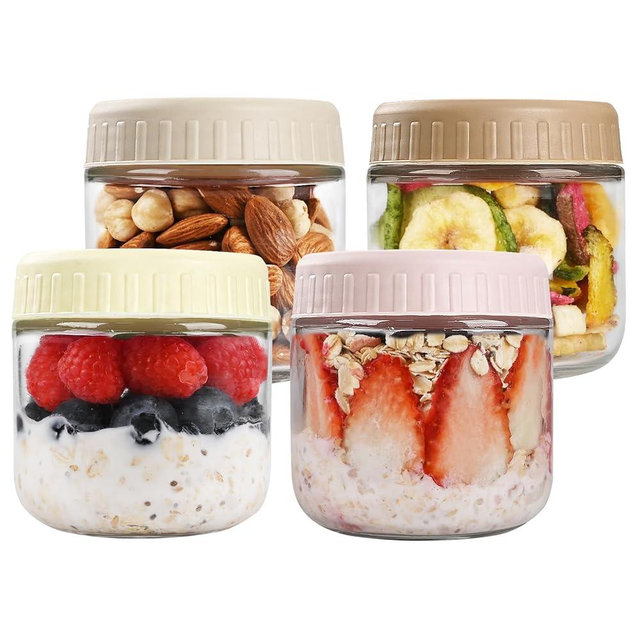 Overnight Oats Containers with Lids, 10oz Glass Jars with Lids 4 pcs, Wide Mouth Mason Jars for Salad, Yogurt, Snacks, Meal Prep