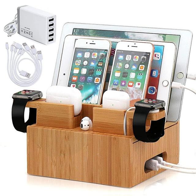 Bamboo Charging Station Organizer for Multiple Devices (Included 5 Port USB Charger, 5 Pack Charge & Sync Cable, with Earbuds & Watch Stand), Electronic Device Desktop Stations for Cell Phone, Tablet