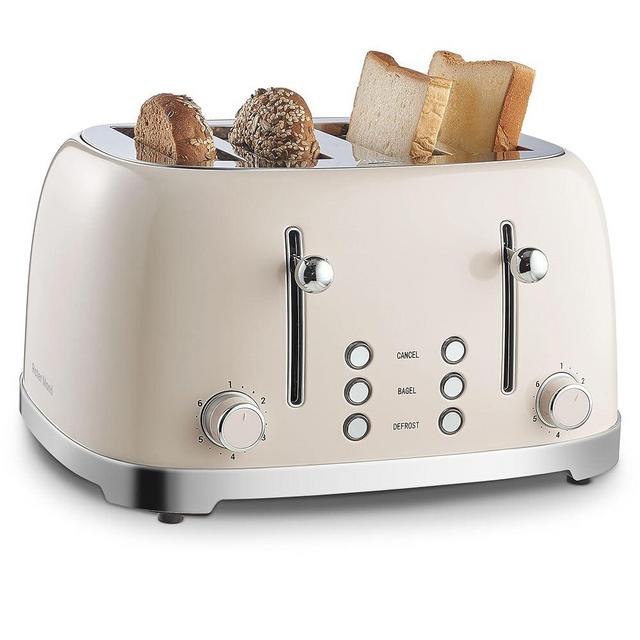 Roter Mond 4 Slice Toaster Retro Stainless Steel Toasters with Bagel Defrost Cancel Function, 6 Browning Settings, Extre Wide Slot, Cream