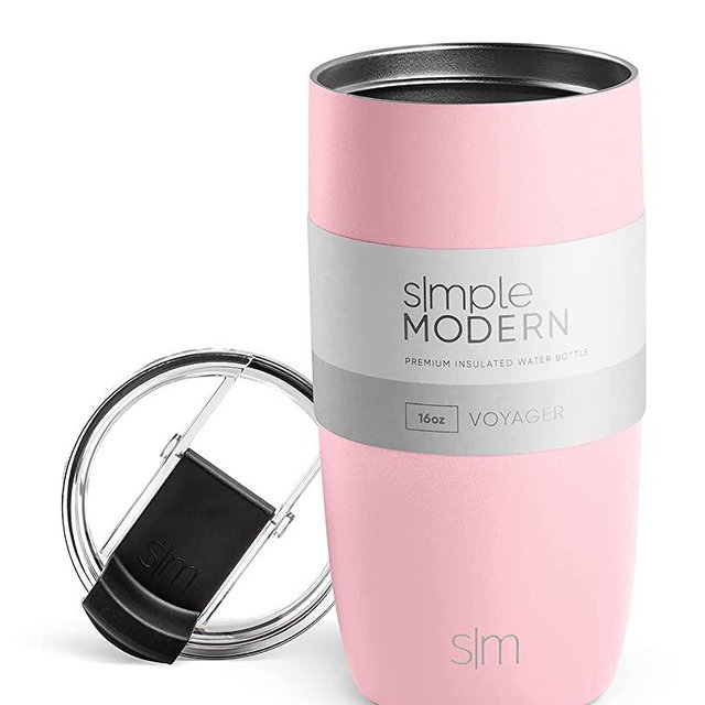 Simple Modern Travel Coffee Mug Tumbler with Clear Flip Lid | Reusable Insulated Stainless Steel Thermos Cold Brew Iced Coffee and Tea Cup | Voyager Collection | 16oz (470ml) | Blush