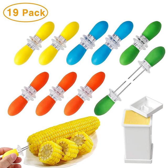 Augsun 18 Pcs Stainless Steel Corn Cob Holders with Silicone Handle & Convenient Butter Spreading Tool