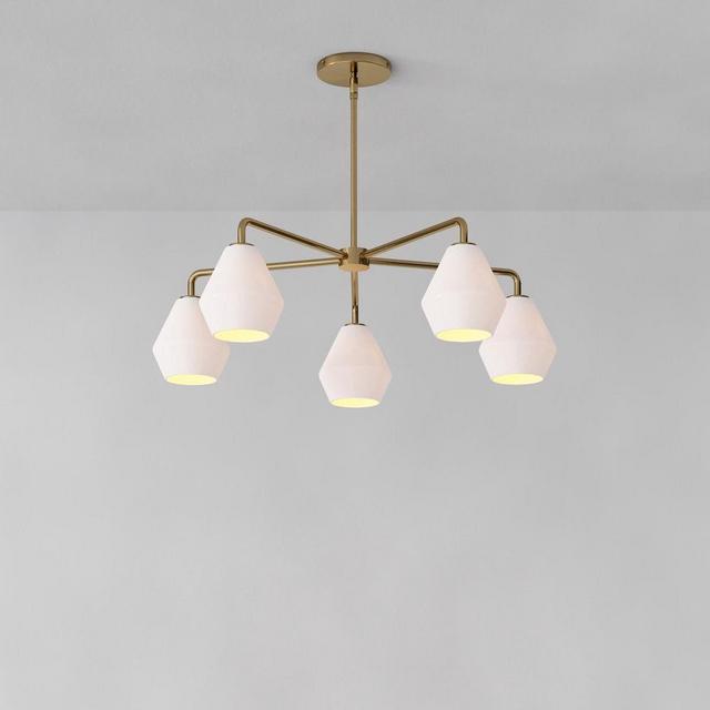 Sculptural 5-Light Chandelier, Geo Mini, Milk, Antique Brass, 6.5"
