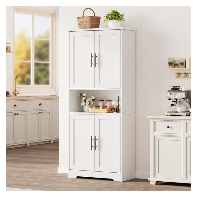 70 in Tall Kitchen Storage Pantry Cabinet with 4 Doors and Adjustable Shelves, Freestanding Cupboard for Dining Room, Bathroom, Laundry Room White
