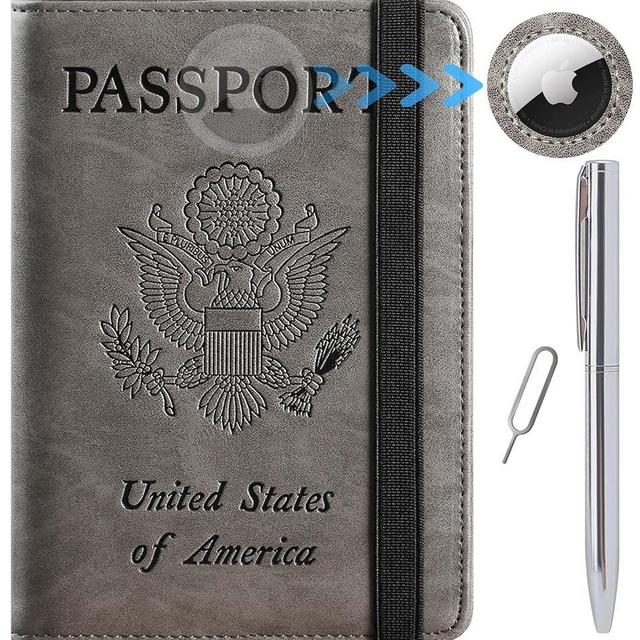 Airtag Passport Holder Cover Wallet Travel Essentials RFID Blocking Leather Card Case International Travel Must Haves Travel Accessories for Women Men(119#Grey)