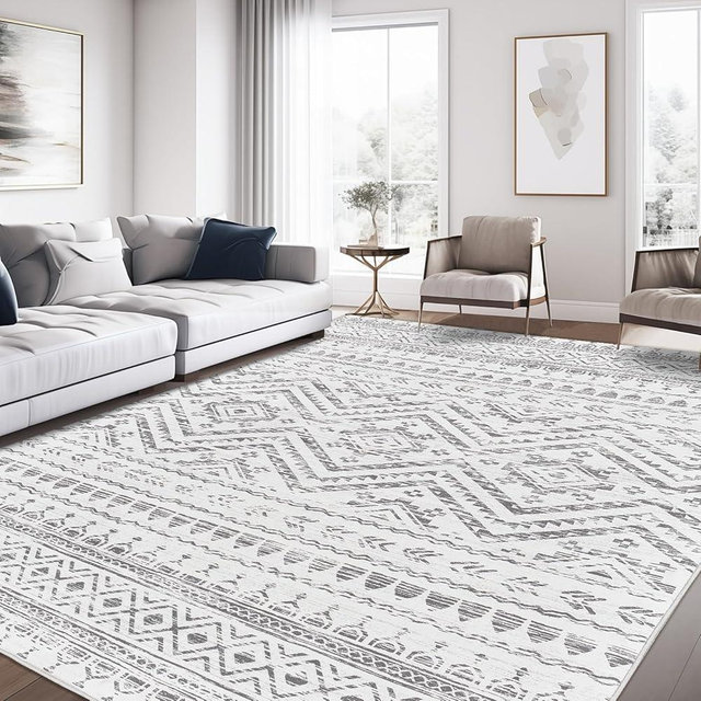 Miukiki 9x12 Area Rug for Living Room Moroccan Washable Rugs Non Slip Indoor Floor Carpet Foldable Large Soft Area Rug for Dining Room Bedroom with Low Pile(Grey,9'x12')