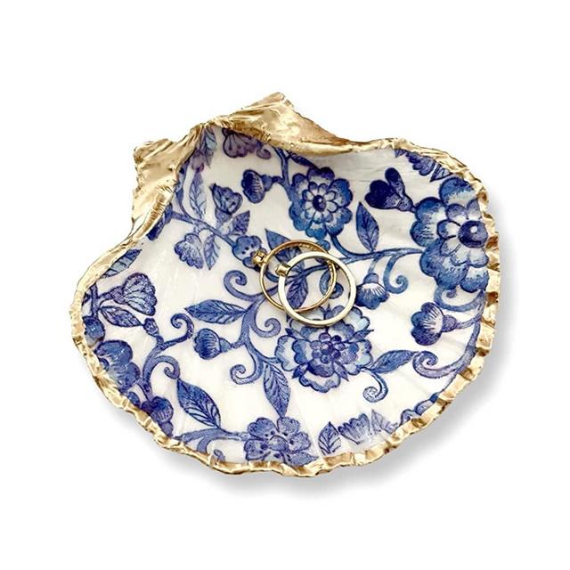 Nafiart Studio Blue Floral Lace Trinket Dish with Pearl Earrings - Natural Shell Jewelry Tray Organizer, Ring Holder - Home Decor - Gifts for Women Girl Gifts Present Birthday Anniversary Valentines