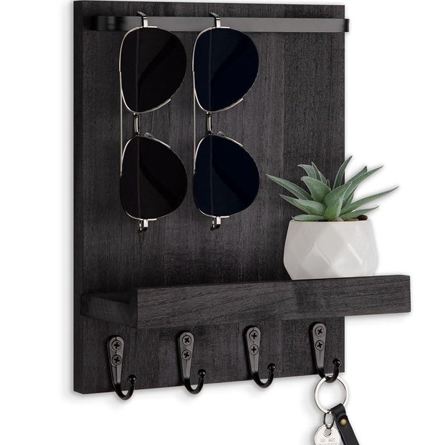 Lucundm Key Holder Wall Mount, Key Holder for Wall with 4 Hooks, Farmhouse Key Hanger Holds Dog Leash, Sunglasses – Decorative Mail Organizer Home Decor (Black)