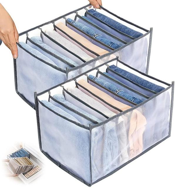 TOOVREN Wardrobe Clothes Organizer 7 Grids, Folded Clothes Organizer for Closet, Clothing Storage Bins,Washable Foldable Drawer Clothes Compartment Storage Box for Closet Bedroom Dorm Room (Gray,2PCS)