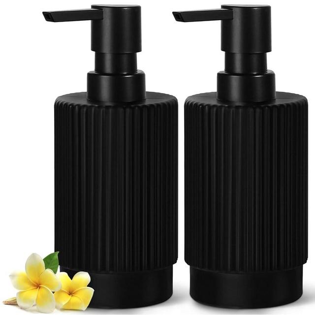 VIMERPA Hand and Dish Soap Dispenser Set for Kitchen, 2 Pack 11 fl oz Matte Black Ribbed Glass Soap and Lotion Dispensers Sets with Pump for Bathroom, Modern Refillable Liquid Soap Pump Bottle