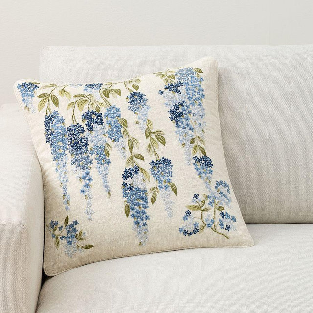 Wisteria Floral Embroidered Pillow Cover, Blue Multi, 18"
