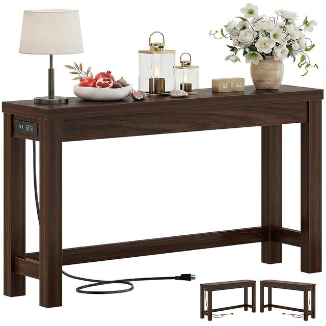 Cyclysio 47" Console Tables for Entryway, Narrow Console Tables for Living Room, Behind Couch Table, Sturdy Wood Support Hallway Table with 3AC+2USB Charging‌ Station, Black Walnut