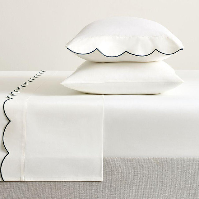 Scalloped Embroidered Sheet Set, White/Navy, Queen
