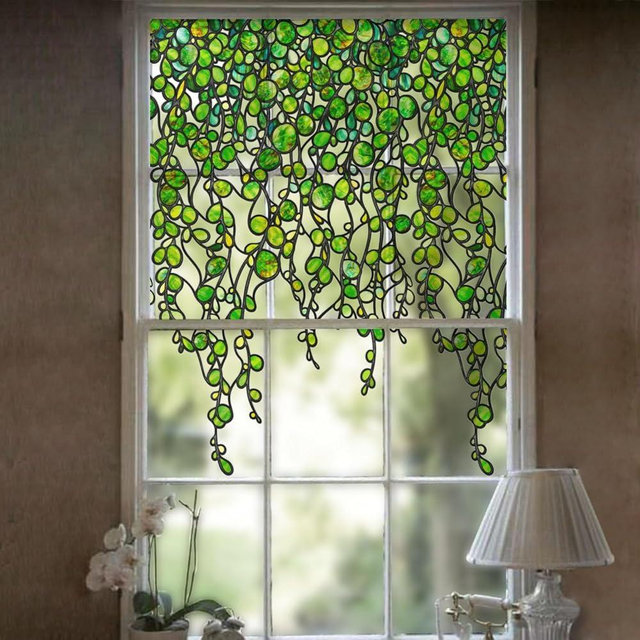 funlife Original Hand-Drawn Faux Stained Glass Window Film, Double-Sided Static Cling Window Clings, Spring Green Pearl Vine Glass Window Hanging Cling Decorative Window Film for Glass, 49.61"x29.53"