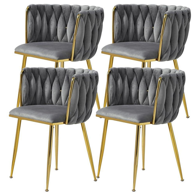 Tsuysi Velvet Dining Chairs Set of 4, Modern Upholstered Dining Room Chairs with Golden Metal Legs and Woven Backrest for Dining Room, Kitchen, Vanity, Living Room (Grey)
