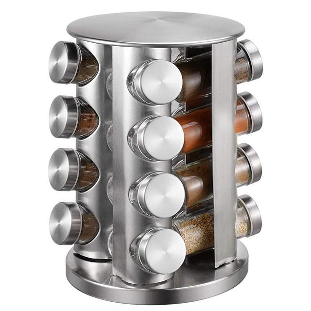 Spice Rack With 16 Jars, Countertop Spice Tower, Round Spice Rack, Countertop Spice Rack, Revolving Spice Rack Organizer for Seasoning Dried Herbs -16 Spice Jars (Stainless Steel)