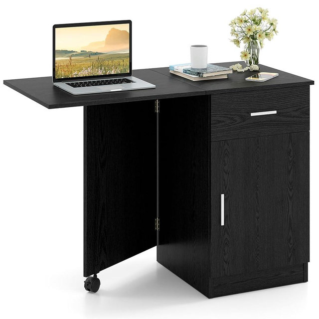 Tangkula Folding Computer Desk with Storage Drawer & Cabinet, Compact Home Office Desk with Adjustable Shelf, Space-Saving Foldable Side Table for Bedroom, Office, Study (Black)