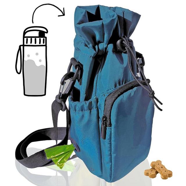 oh RibbyPup Waterproof Dog Walking Bag and Universal Water Bottle Holder, Built In Poop Bag Dispenser, Unisex Cross Body Treat Pouch, Walking Hiking Dog Training Sport Bag (Deep Teal)