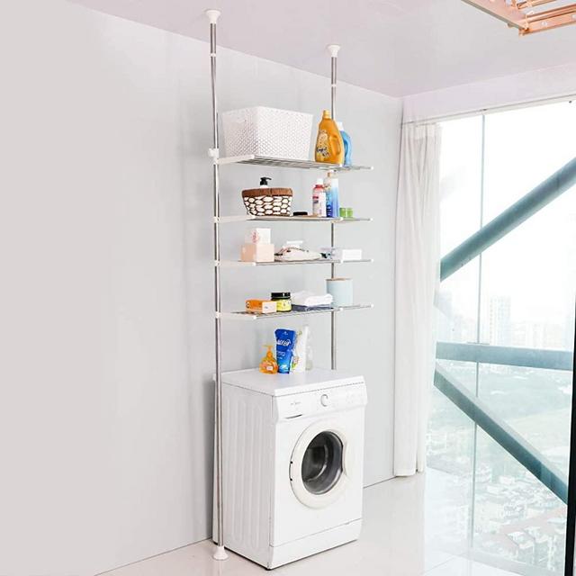Hershii 4 Tier Over The Toilet Storage Laundry Shelf Rack Bathroom Space Saver Double Tension Pole Standing Shelving Units Organizer Clothing Hanger Rods, Adjustable Height and Width