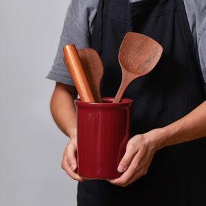 ONEMORE Utensil Holder for Kitchen Counter, 6.7" Ceramic Utensil Crock Countertop Utensils Organizer, Dark Red