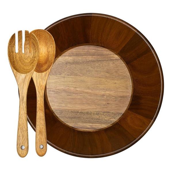 J&M Cafe Large Acacia Wood Serving Bowl Set with two Bamboo Serving Tools, Wooden Serving Bowl, Salad Bowl with Serving Utensils, Wood Bowls, Large Salad Mixing Bowl, Serving Bowl, Snack Bowl