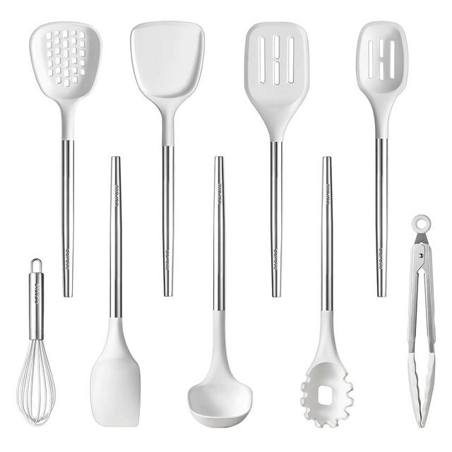 CAROTE 9PCS Kitchen Utensils Set, Silicone Kitchen Utensils Set with Stainless Steel Handle for Non-Stick Cookware Set, Dishwasher Safe, White
