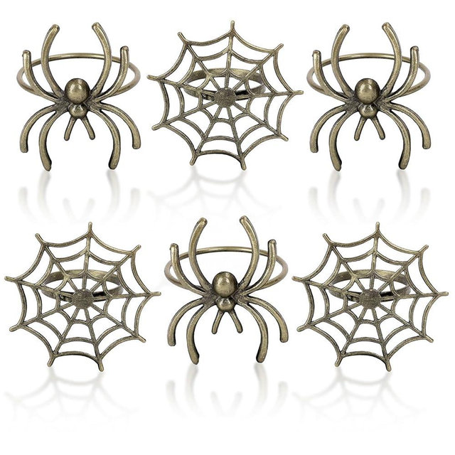 Whaline 6Pcs Halloween Napkin Ring Holders Halloween Spider Napkin Rings Metal Spider Web Napkin Buckle Dinner Table Rings for Halloween Party Themed Gatherings Dinners Decor