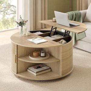 Lift Coffee Table with Hidden Storage and Open Shelves, Oak