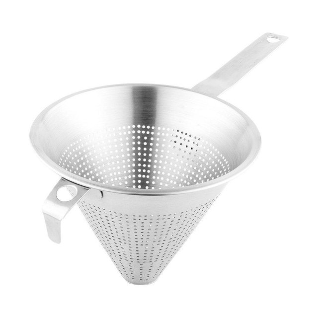 Restaurantware Met Lux 14.75 Inch x 6 Inch x 7 Inch Cone Strainer 1 With Hook Steel Strainer - Cone-Shaped Ergonomic Stainless Steel China Cap Strainer For Straining Seeds Beans Sauces And More
