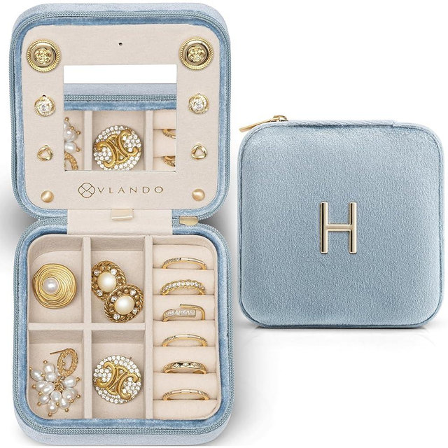 Vlando Jewelry Case for Girls Womens Fashion, Pink Jewelry Box Travel Must Haves, Jewelry Box for Girls, Small Travel Jewelry Case Birthday Gifts for Travel Gifts for Women - Letter H, Blue