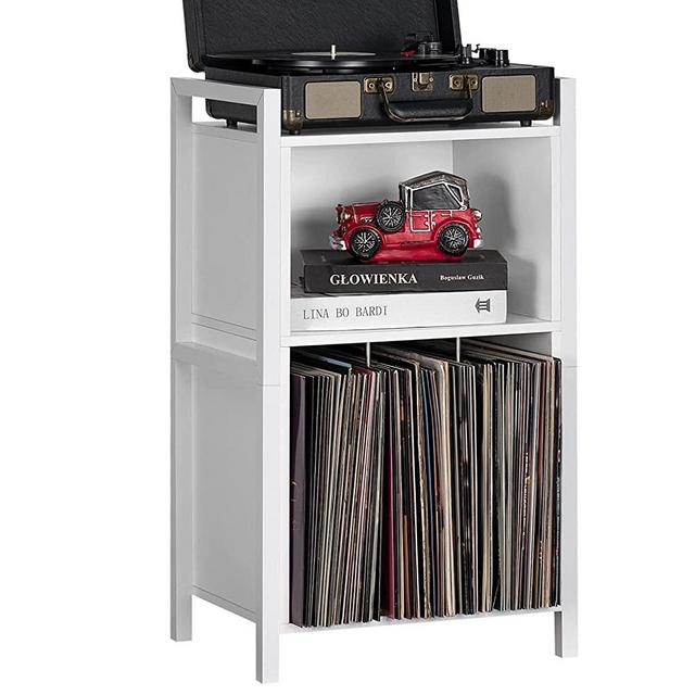 White Record Player Stand, 3-Shelf Vinyl Record Holder with Storage, Record Stand, Vintage Turntable Stand Holds Up to 100 Albums, Record Table with Handle for Living Room, Bedroom, Office