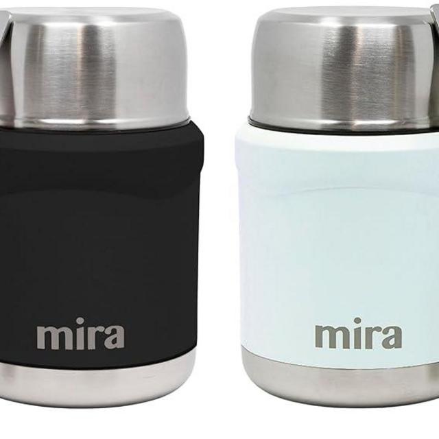 MIRA 2-Pack Food Thermos Set (15 oz) for hot and cold foods - Insulated Stainless Steel Containers with Spoons - Black & Pearl Blue