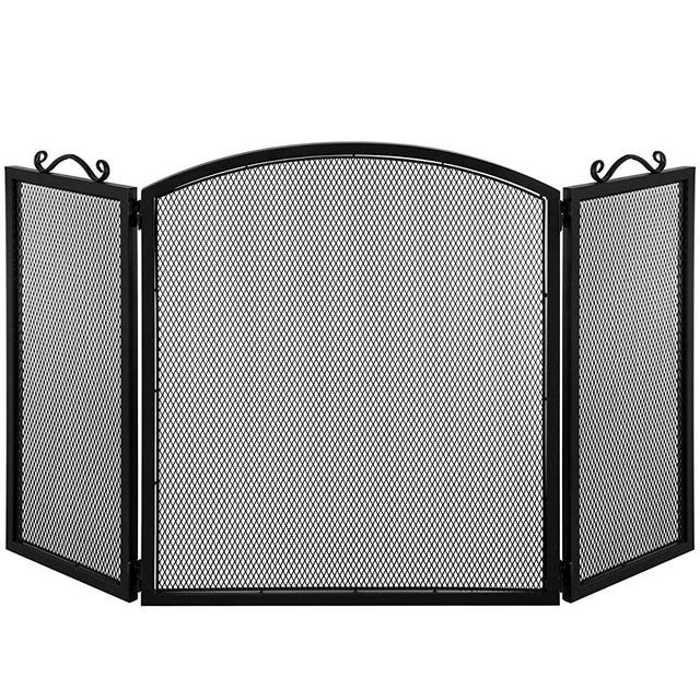 MyGift Black Metal Mesh Fireplace Cover, 3 Panel Folding Screen, Fireplace Grate with Vintage Scrollwork Handles