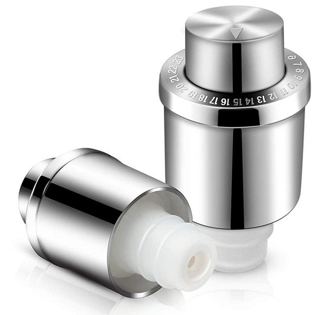 2 Pack Wine Stoppers, GiniHomer Stainless Steel Vacuum Wine Stoppers with Time Scale Record, Vacuum Beverage Bottle Saver with Inner Rubber Sealer Pump Cup