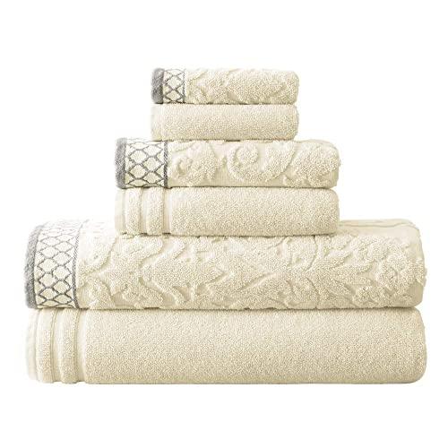 Amrapur Overseas 6-Piece Damask Jacquard/Solid Ultra Soft 550GSM 100% Combed Cotton Towel Set with Embellished Borders [Ivory]