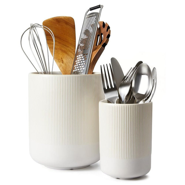 Pokini Utensil Holder, 7.3"+5.3" Large Ceramic Kitchen Utensil Holder for Countertop, Cooking Utensil Holder for Kitchen Counter, Kitchen Tool Holder, Modern Farmhouse Decor, Matte White