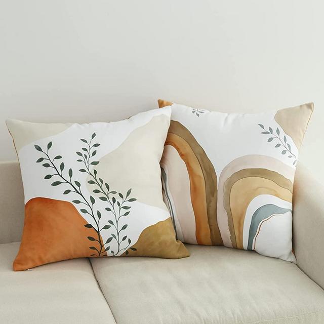 Set of 2 Boho Throw Pillow Covers 18x18 Inches Mid Century Modern Art Cushion Covers Decorative Sofa Bohemian Aesthetic Minimalist Abstract Nature Plant Square Pillowcases Home Decor for Living Room