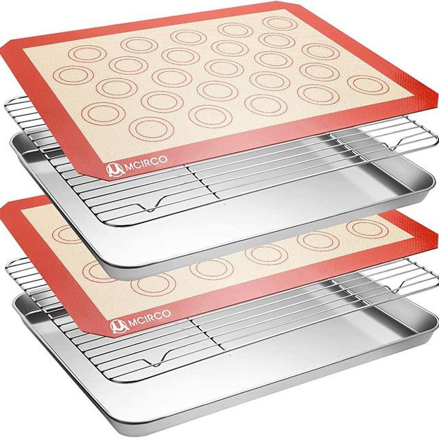 MCIRCO 6 Piece Stainless Steel Baking Sheet with Rack with Silicone Baking Mat Set (2 Pans + 2 Racks + 2 Mats), 17.3 x 13 x 1 Inch Cookie Sheet with Cooling Rack, Non Toxic, Heavy Duty & Easy Clean