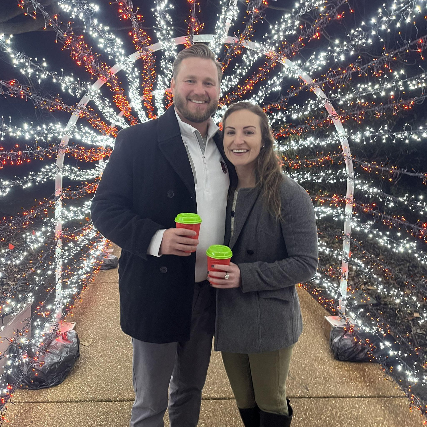 Our first picture together! at the Botanical Gardens Christmas lights