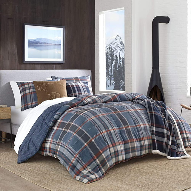 Eddie Bauer - Queen Comforter Set, Reversible Down Alt Bedding with Matching Shams, Home Decor for Colder Months (Shasta Lake Navy, Queen)
