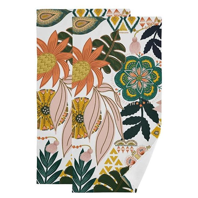 Boho Floral Hand Towels Set of 2 Tropical Leaves Fingertip Towels Soft Kitchen Dish Towel for Bathroom Laundry Room Spa Decor
